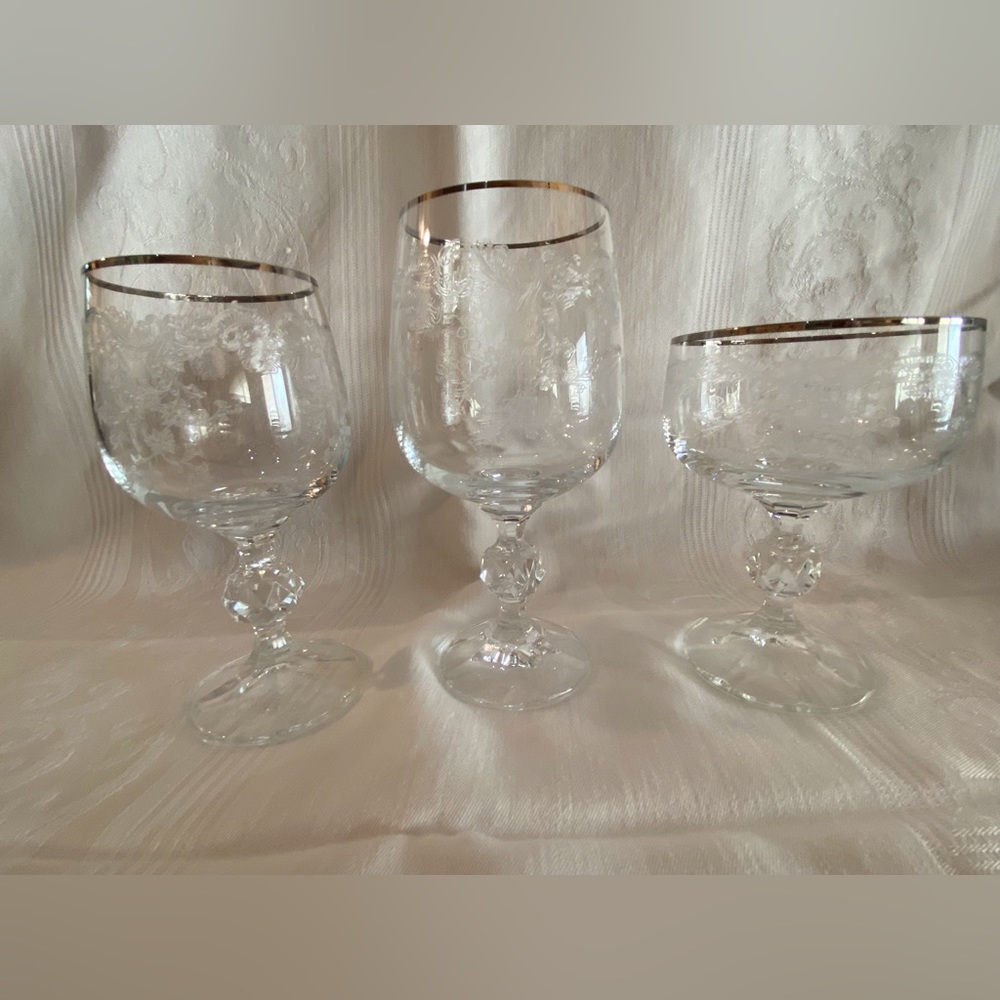 4 3-piece sets of Rimmed Stemmed Lead Crystal Glasses with a Raised Lace Pattern
